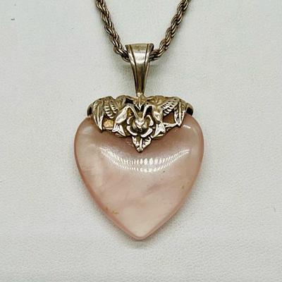 Sterling Silver Rope Necklace with Pink Quartz Heart Pendant 