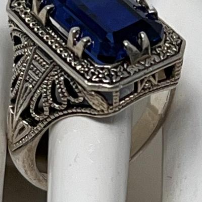 Simulated Sapphire Pre-Art Deco Ring 