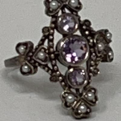 Genuine Amethyst  And Pearl Ring On A 925 Silver