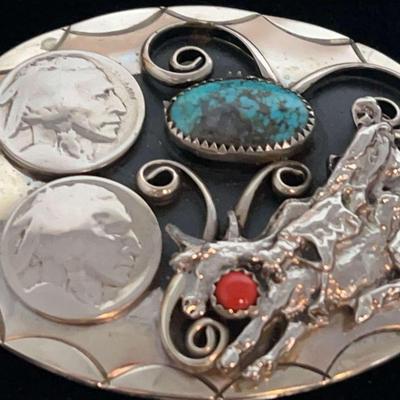Vintage Dimes Native American Belt Buckle With Coral And Turquoise Accent