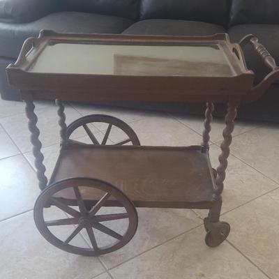 Vintage Wooden Drop Leaf Tea Cart With Wheels 
