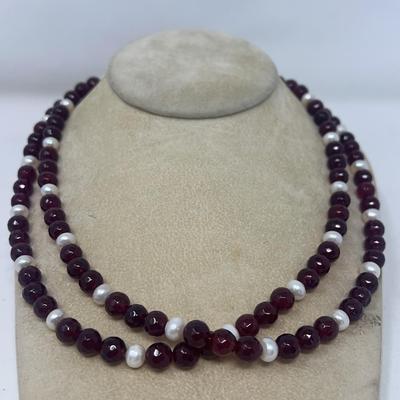 Garnet Color Crystal With Genuine Pearls Necklace 