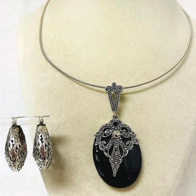 Silver and Marcasite Necklace Pendant and Earrings