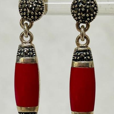 Sterling Marcasite and Red Inlay Earrings