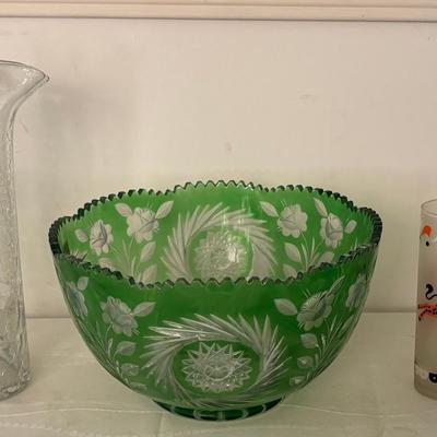 Vintage Bohemian Crystal Bowl, Hand-Blown Cracked Glass Pitcher & (2) Libbey Frosted Glasses