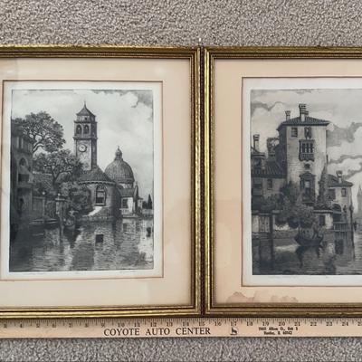 J. Cassadei Signed B & W Etched Drawings-Venetian Landscape/Canal 