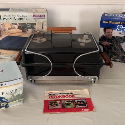 Weber “go-anywhere” Grill, Comfort Rest Air Mattress , Camouflage Snuggie, Air Pump
