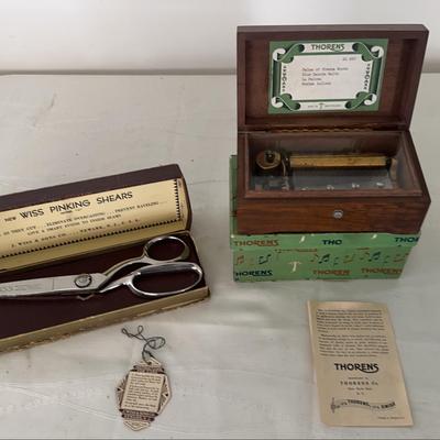Antique Thorens 4 Song Music Box AL 450 & Vintage Wiss Pinking Shears