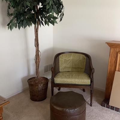 Ethan Allen Cane Back Chair, Brown Leather Ottoman, Decorative Tree 
