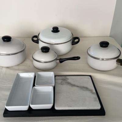8 Piece San Ignacio Enamel Coated Cooking Pans, Marble and Ceramic Serving Platter
