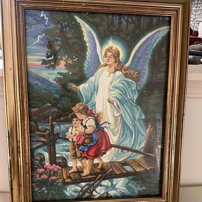 Guardian Angel Watercolor Painting In Decorative Gold Frame