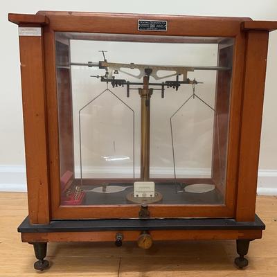 Near Perfect Antique Analytical Chemical Balance Scale In Glass Case