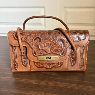 Vintage 1960s Mexico Leather Hand Tooled Bag 
