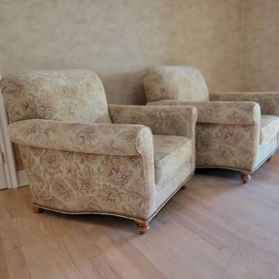 Traditional Upholstered Armchairs – Rolled Arms, Tapestry Fabric & Nailhead Trim (Pair)