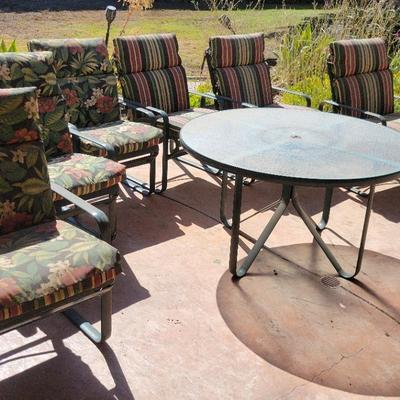 Outdoor Patio Dining Set – 48" Glass Table with 6 Aluminum Sling Chairs & Cushions