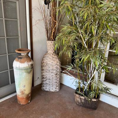 Outdoor Decor Trio | Tall Ceramic Amphora, Woven Vase with Twigs & Faux Plant in Basket