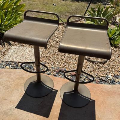 Pair of Bronze Metal Swivel Bar Stools | Industrial Style with Footrests
