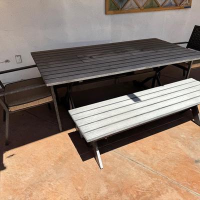 Outdoor Aluminum Dining Table with Fire Pit Insert, 2 Wicker Orchard Chairs & Bench