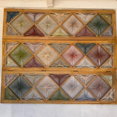 Large Mid-Century Modern String Art Wall Panel – Hinged Wood Frame with Geometric Yarn Design