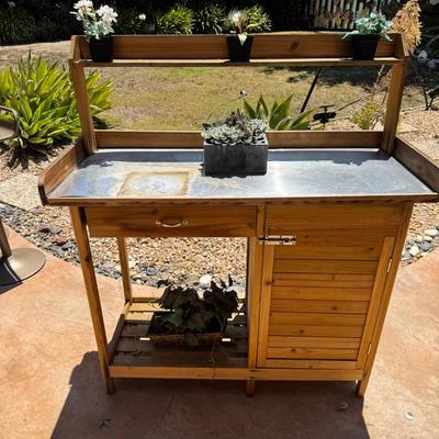 Wooden Potting Bench with Galvanized Top, Shelves & Storage Cabinet