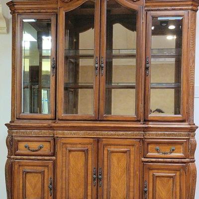 Traditional Lighted China Cabinet with Glass Doors and Shelves