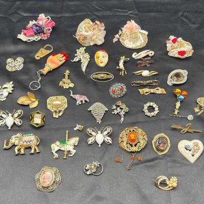 Vintage & Costume Brooch Lot – Whimsical Pins, Cameos, Elephants, Masquerade & More 