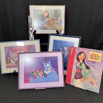 Framed Disney Animation Art | Lithographs Mulan, Aladdin, Pocahontas, Watches & Mulan Hardcover Book
