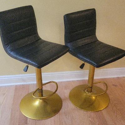 Pair of Modern Adjustable Bar Stools – Black Faux Leather Seats with Gold Metal Base