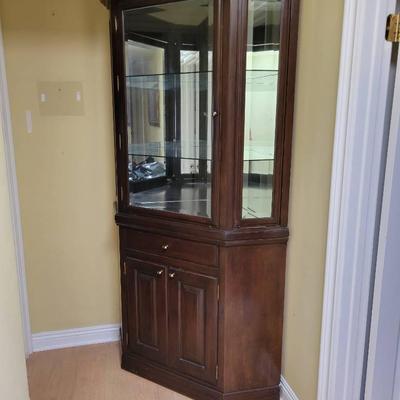 Corner Display Cabinet with Glass Shelves and Mirrored Back