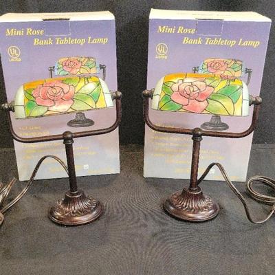 Pair of Mini Rose Bank Tabletop Lamps | Stained Glass Style with Boxes