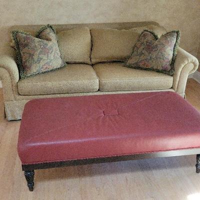 Traditional Rolled Arm Sofa with Pillows & Red Faux Leather Ottoman