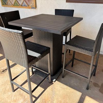 Wicker-Style Outdoor Bar Table with 4 Stools – 41" High Table, 28" Seat Height