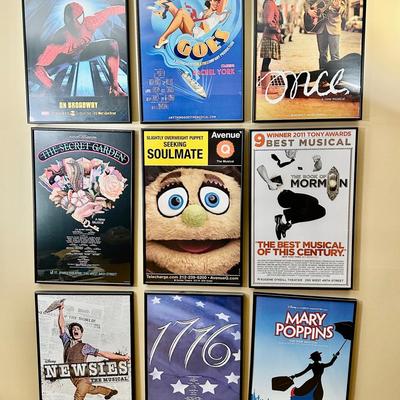 Framed Broadway Poster Lot | Book of Mormon, Spider-Man, Once, Mary Poppins, Newsies