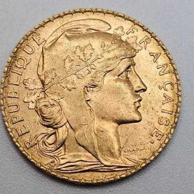 1913 French Rooster 20 Francs Gold Coin