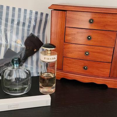 Musical Jewelry Box, Ladies Perfume- (Prada, Acqua Di Gioia) & Lele Sadoughi Ladies Bowtie