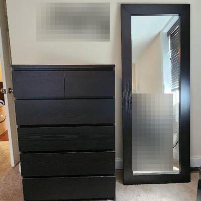 Dark, Wooden Dresser & Standing Mirror w/ Queen Upholstered Bed Frame W/ Two Drawers 