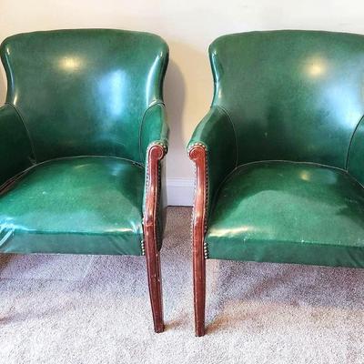 Vintage Pair Of Green Vinyl & Wooden Accent Chairs
