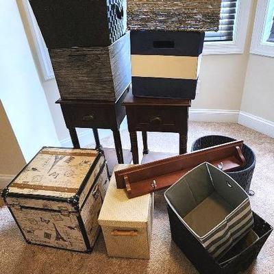 Pair of Wooden Nighstands, A French Themed Small Trunk, Wooden Coat Hanger & Assorted Org. Totes