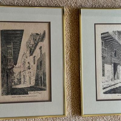 KKT015- Framed Vintage Etchings of Historic Peru – Set of 2