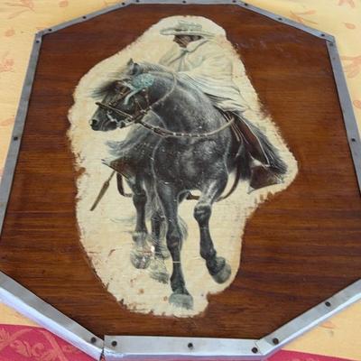 KKT024-Print of cowboy riding a horse on wooden plaque