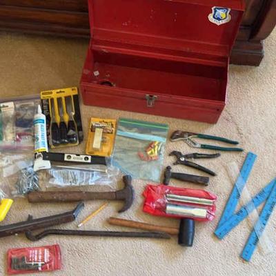 KKT152- Red toolbox with assortment of hand tools inside