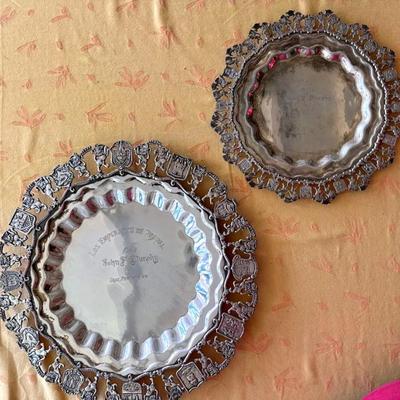 KKT061-Ornate Silver-Plated Crest Trays – Decorative Vintage Pair