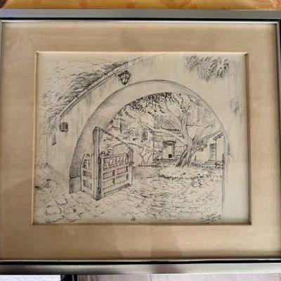 KKT002- Vintage Black And White Painting Of Home In Lima,Peru 1970