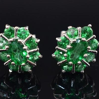 Pair of Sterling Silver Green Topaz Cluster Stud Earrings