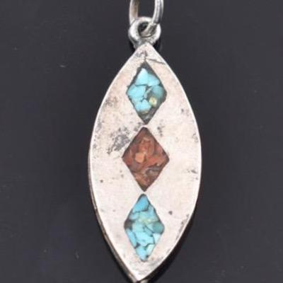 Silver Navajo Coral & Turquoise Pendant