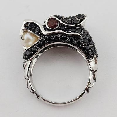 Sterling Silver Black Pave Garnet Eye & Pearl Dragon Ring