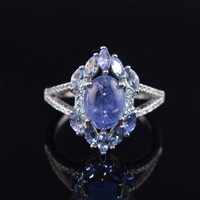 Sterling Silver Natural Unheated Tanzanite Cabochon Ring