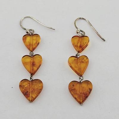 Sterling Silver Triple Heart Amber Dangle Earrings 