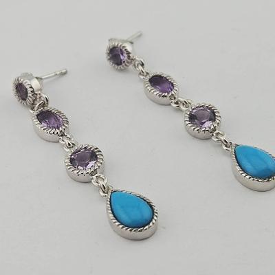Pair Of Sterling Silver Turquoise & Amethyst Dangle Earrings 
