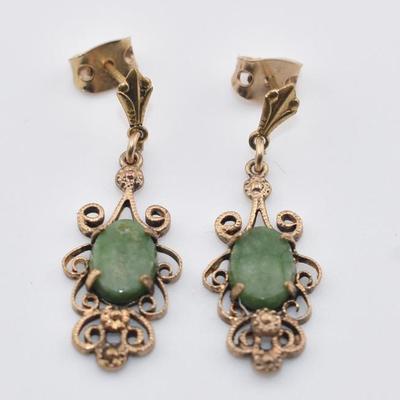 Pair of Vintage Ornate Jade Dangle Earrings W/ 14k Gold Posts